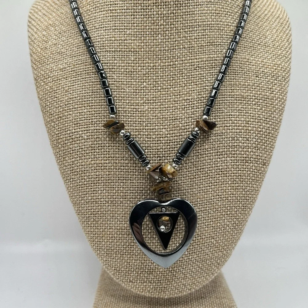 Handmade Hematite & Tiger Eye Mixed Beads Pendant Heart Necklace 16